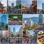 日本の伝統と現代が融合した都市風景、賑わう祭りや食文化のコラージュ。