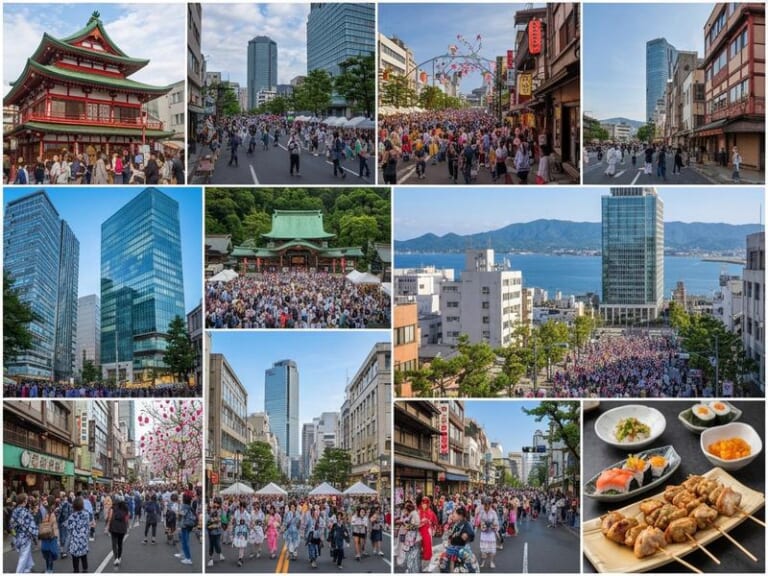 日本の伝統と現代が融合した都市風景、賑わう祭りや食文化のコラージュ。