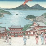 日本の寺院と湾岸の町、噴火する火山と着物の女性の風景。