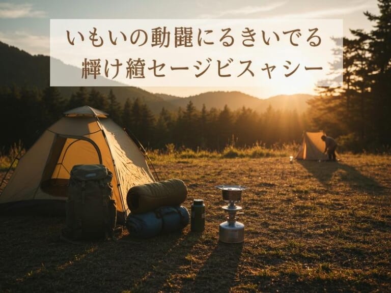 夕日のキャンプ場。テントやリュック、寝袋などのキャンプ道具が並ぶ。