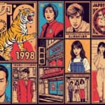 ポップアート調のレトロな複数イラスト。人物、虎、街並みなど。