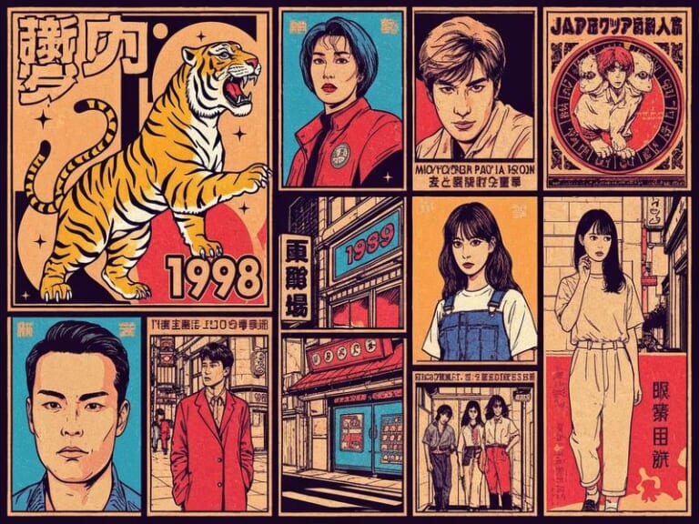 ポップアート調のレトロな複数イラスト。人物、虎、街並みなど。