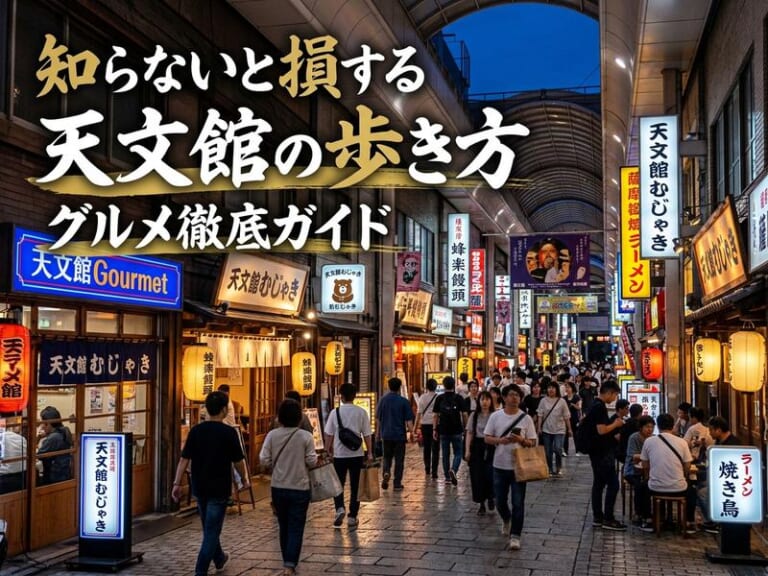 夜の天文館商店街を多くの人々が行き交い、グルメ店が賑わう様子。