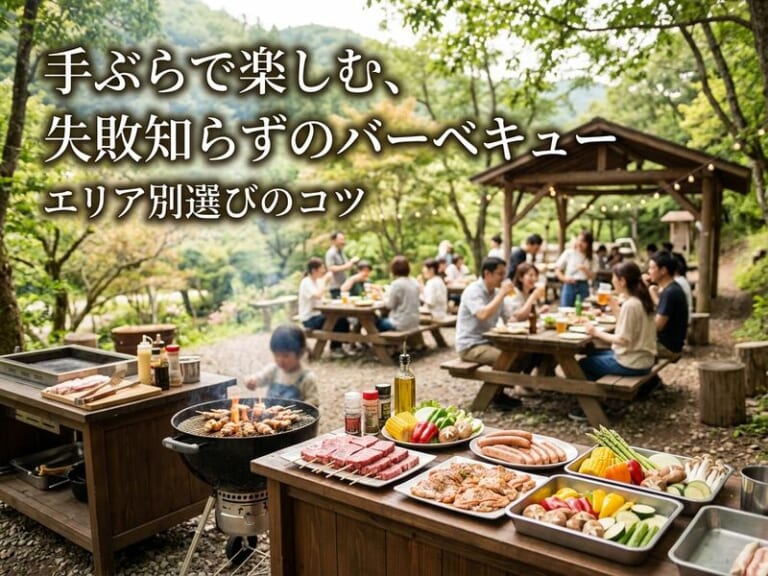 屋外でバーベキューを楽しむ人々。豊富な食材とグリルが並び、子供もいる光景。 (36文字)