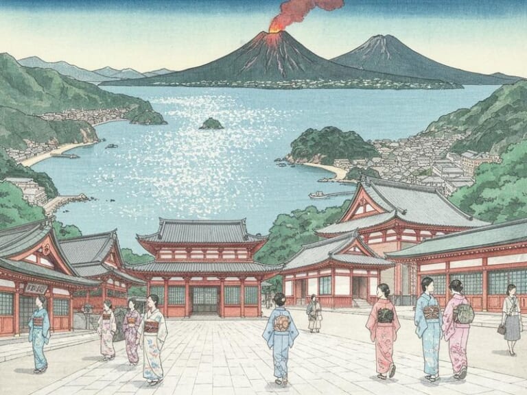 日本の寺院と湾岸の町、噴火する火山と着物の女性の風景。