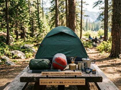 森のキャンプ場で、キャンプデビューに揃えたいテントと道具。