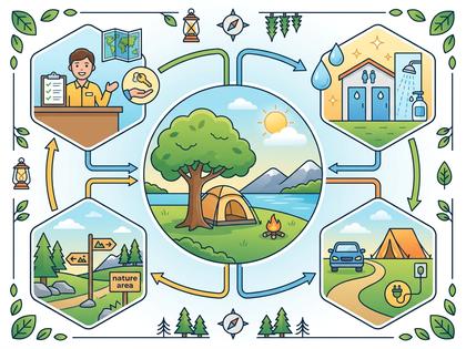 キャンプ場を中心に、受付、シャワー施設、車、自然道標識が繋がり、キャンプ体験のサイクルを描くイラスト。