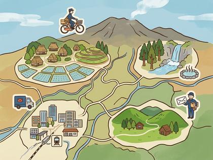 多様な日本の地域（都市、田園、山間）を巡る郵便配達。