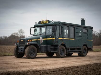 深い緑色の全地形対応型大型車両「h2100」が、未舗装の道に停車している様子。