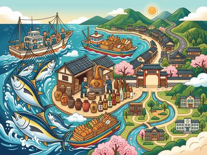 漁船、酒蔵、桜咲く日本ののどかな港町を描いたイラスト。