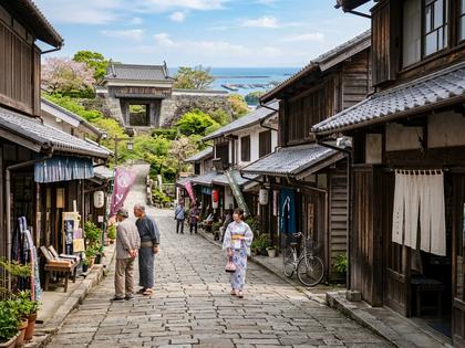 城門と海を望む、石畳の古い日本の街並みを歩く人々。