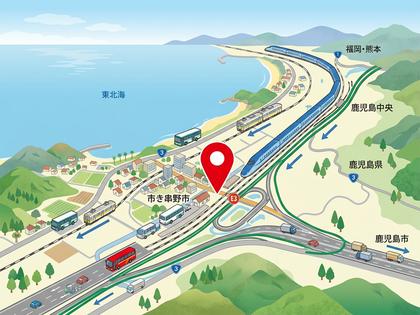 市き串野市周辺の海岸沿い交通網図。新幹線と高速道路。