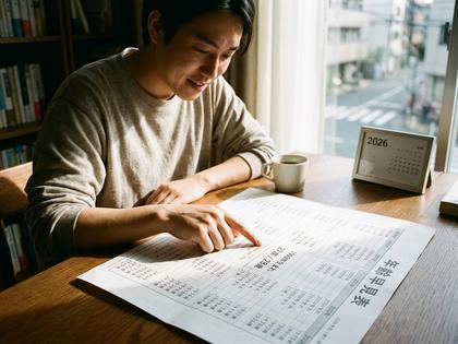 机で書類に指を差す男性と2026年のカレンダー。