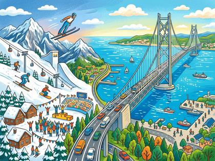 ウィンタースポーツと海に架かる橋、街が一体となった風景イラスト。