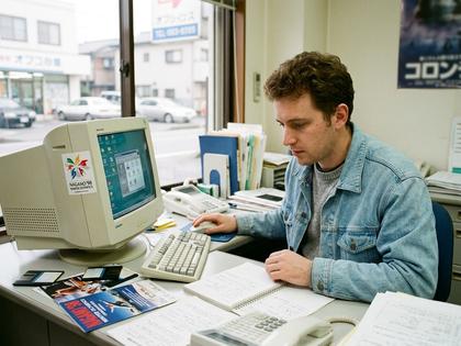 窓際で男性がレトロなPCでデスクワーク。モニターに長野五輪ステッカー。