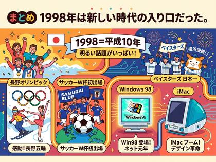 1998年の出来事まとめ。長野五輪、サッカーW杯、ベイスターズ日本一、Win98、iMac。