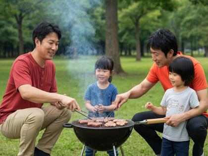 公園でバーベキューを楽しむ家族の様子、肉が焼かれているグリル