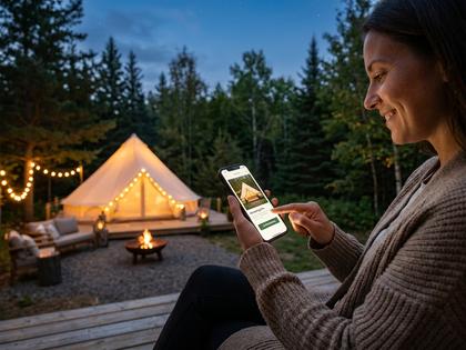 スマートフォンでグランピング施設を予約している様子