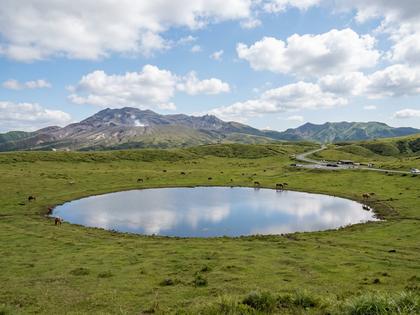 噴煙を上げる山と、青空が映る池、緑の草原に馬。