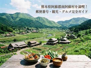 棚田と古民家が並ぶ日本の里山風景。手前に地元グルメ料理。