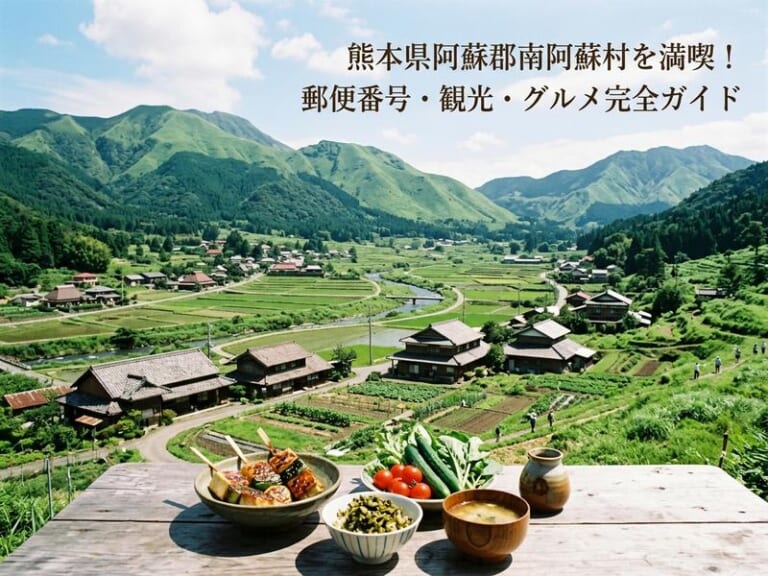 棚田と古民家が並ぶ日本の里山風景。手前に地元グルメ料理。